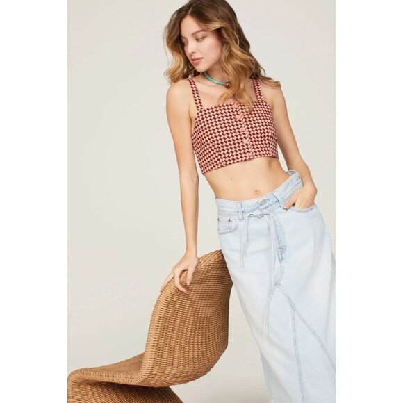 Levi's Geometric Checkered Crop MED Pink Brown Knit Retro Y2K Button Front Tank - Picture 6 of 16